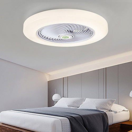 Modern Flush Mount Bladeless Enclosed Ceiling Fan with Round Bright LED Lighting and Remote